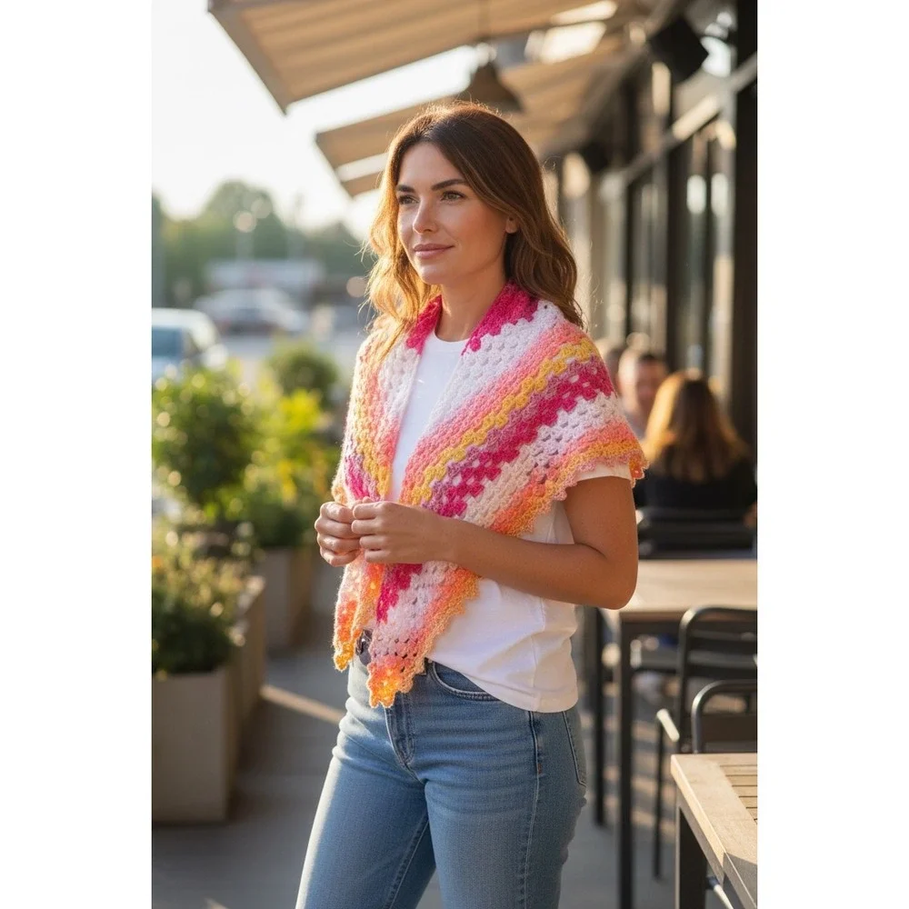 Handmade Crochet Triangle Shawl Rainbow Pink & Orange Regular Sz Boho Ombre NEW